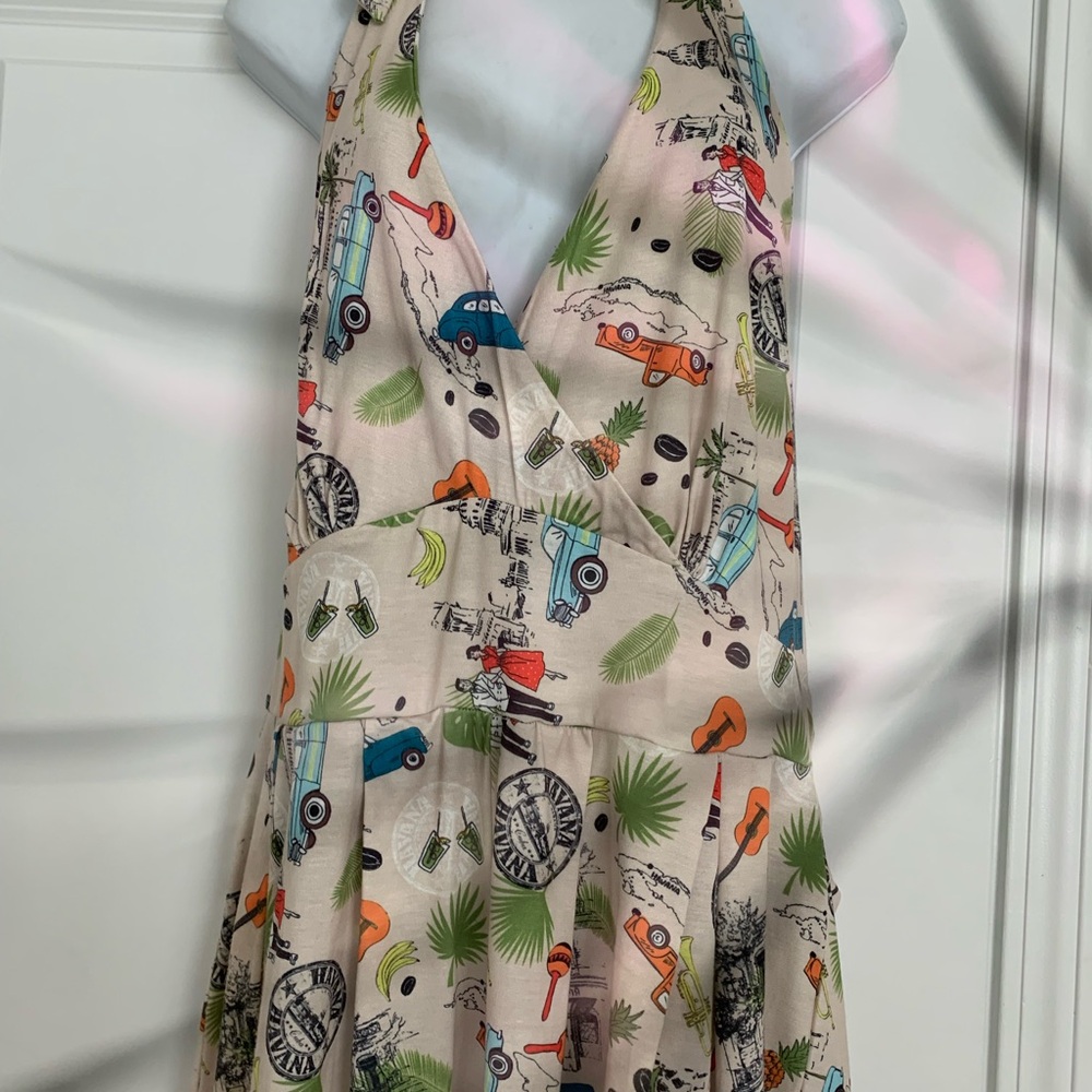 NWT Lindy Bop Cream romper babydoll halter tie back Tiki Print Dress elastic - Picture 3 of 11